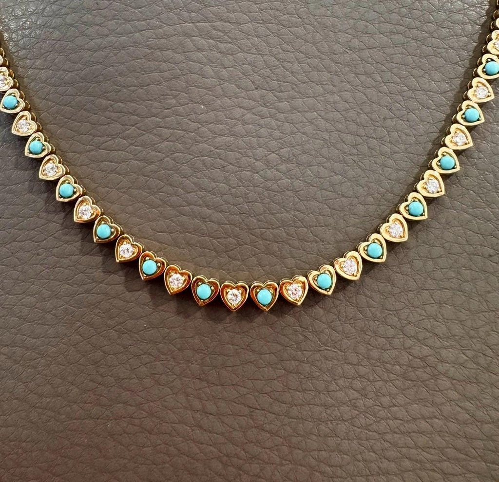 14K Yellow Gold Turquoise & Diamond Heart Tennis Necklace – 1.36ct Diamonds