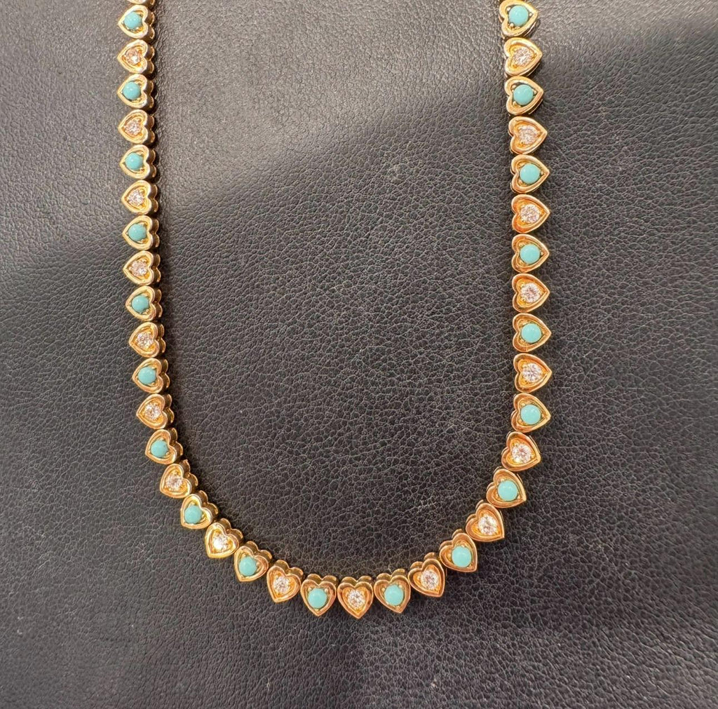 14K Yellow Gold Turquoise & Diamond Heart Tennis Necklace – 1.36ct Diamonds