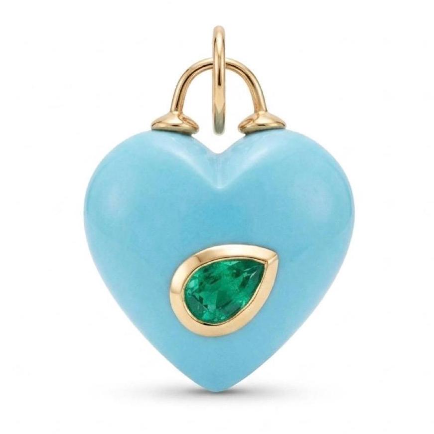 14K Gold Hand-Carved Turquoise Heart Pendant • Gemstone Heart Charm with Emerald Accent