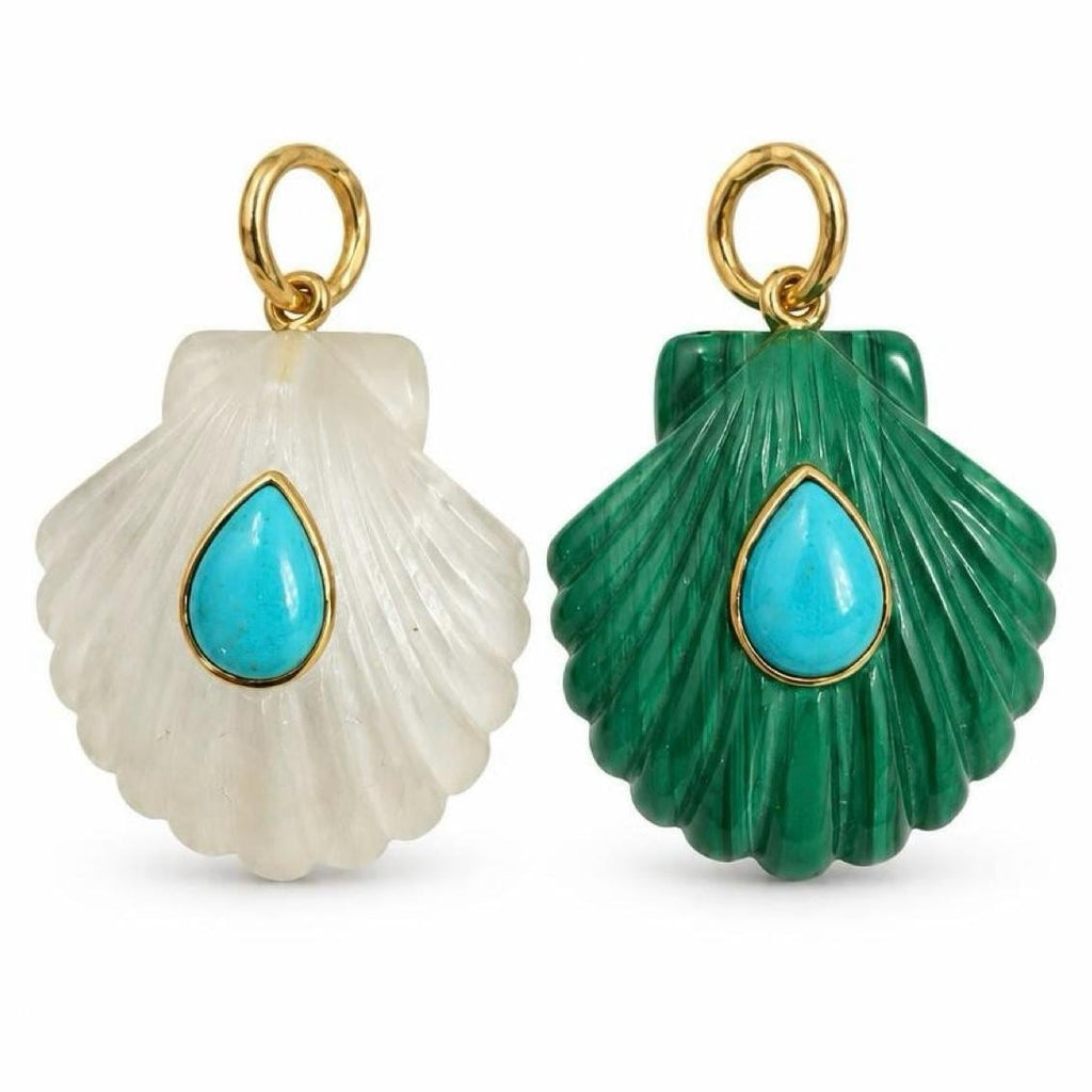 14K Gold Carved Scallop Shell Pendant with Turquoise – Malachite or White Quartz