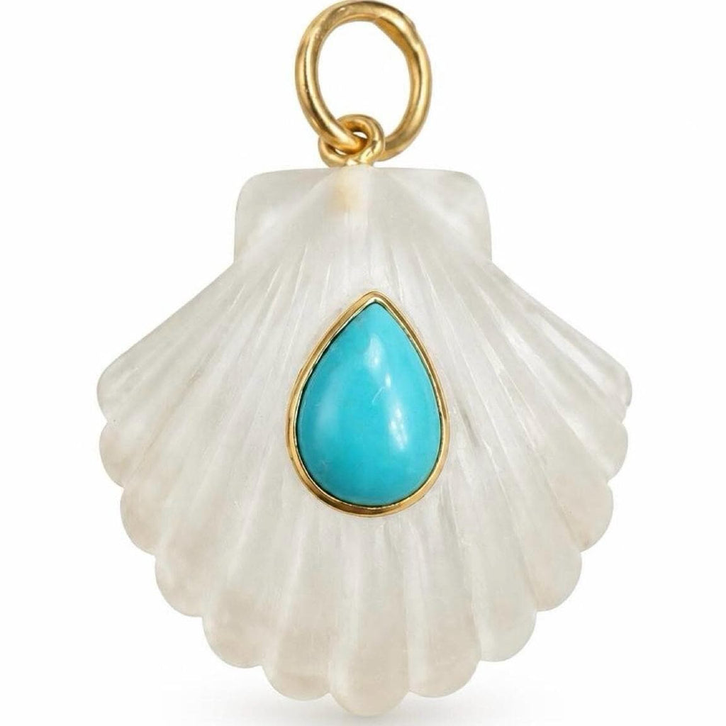 14K Gold Carved Scallop Shell Pendant with Turquoise – Malachite or White Quartz