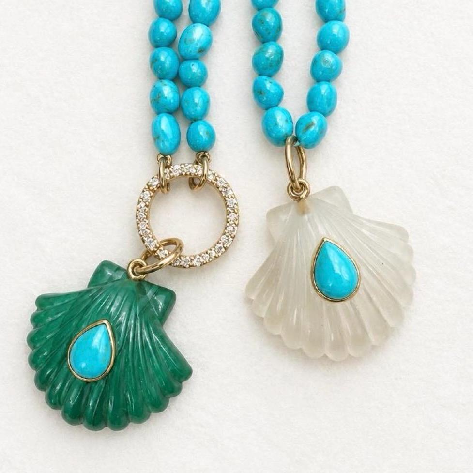 14K Gold Carved Scallop Shell Pendant with Turquoise – Malachite or White Quartz