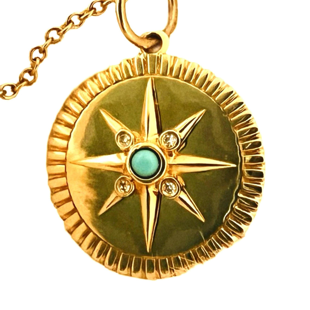 True North Compass Pendant – 14k Gold with Diamond Turquoise Accent