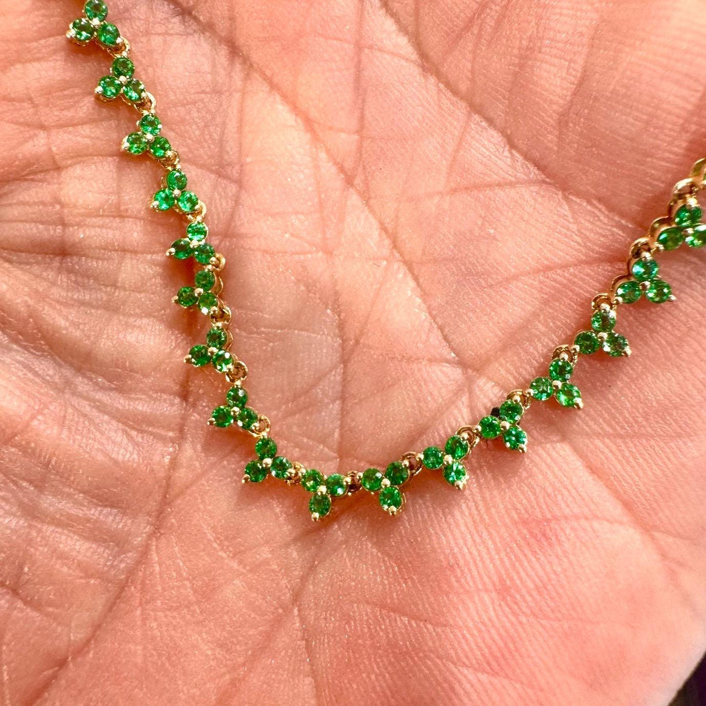 14K Gold Emerald Triple Cluster Tennis Necklace – 2.81ct Emeralds