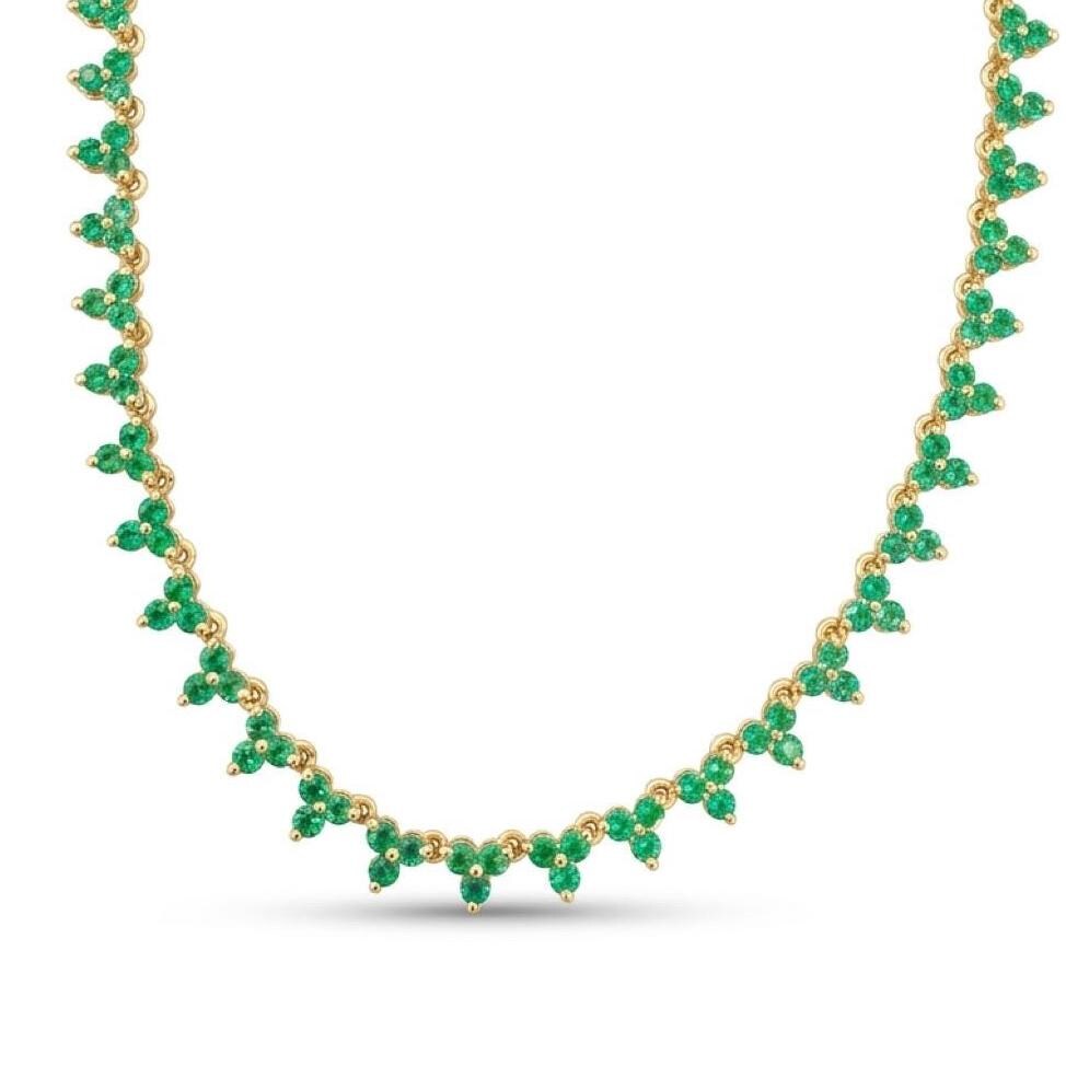 14K Gold Emerald Triple Cluster Tennis Necklace – 2.81ct Emeralds