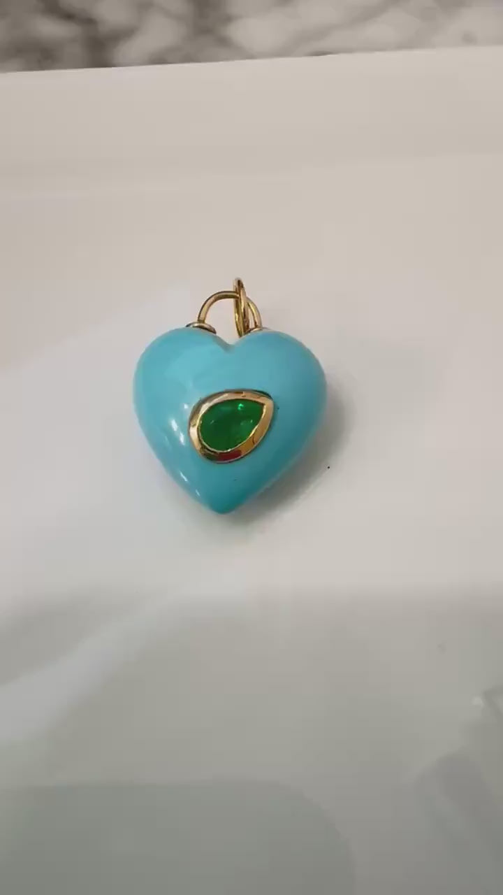 14K Gold Hand-Carved Turquoise Heart Pendant • Gemstone Heart Charm with Emerald Accent