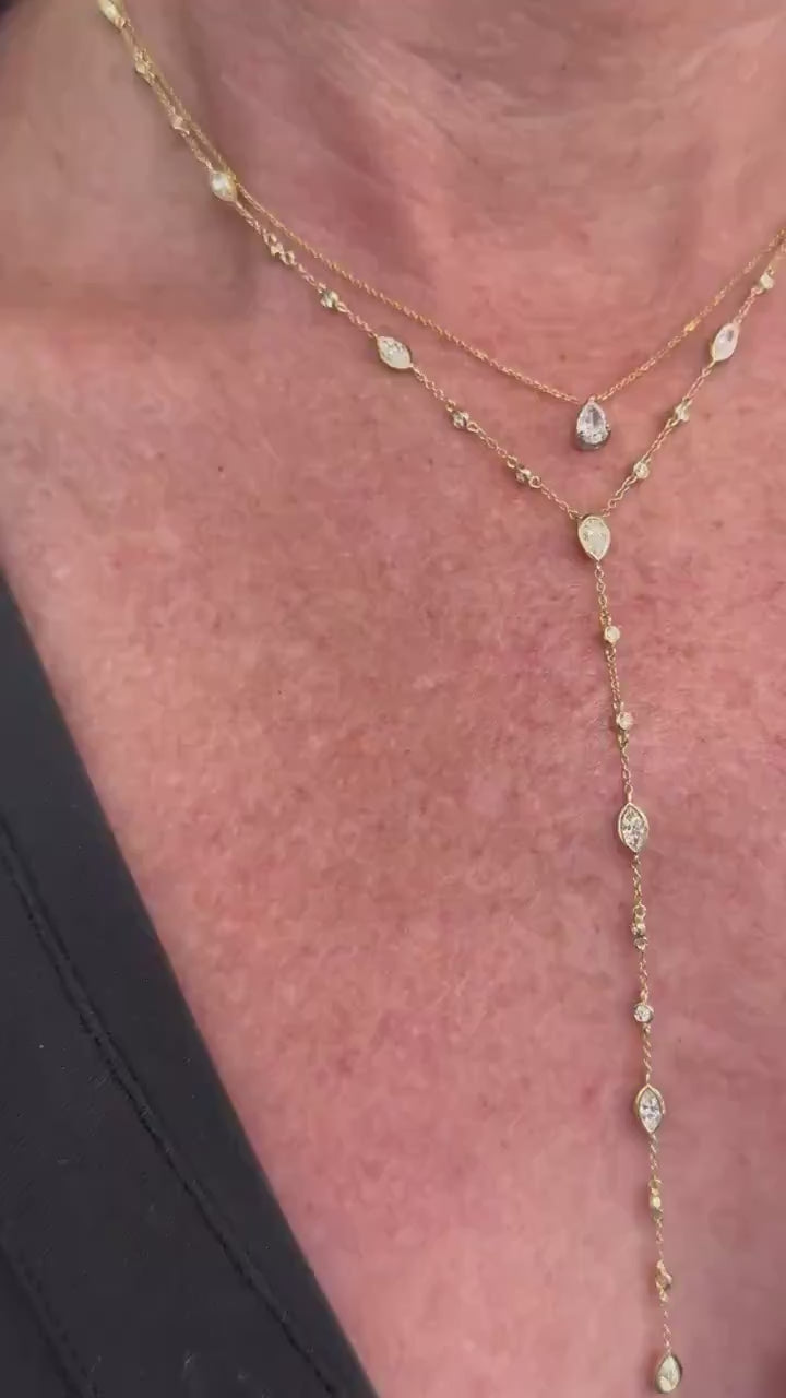 Custom 14k Gold Diamond Lariat Necklace – Adjustable 18" Layering Necklace with Drop