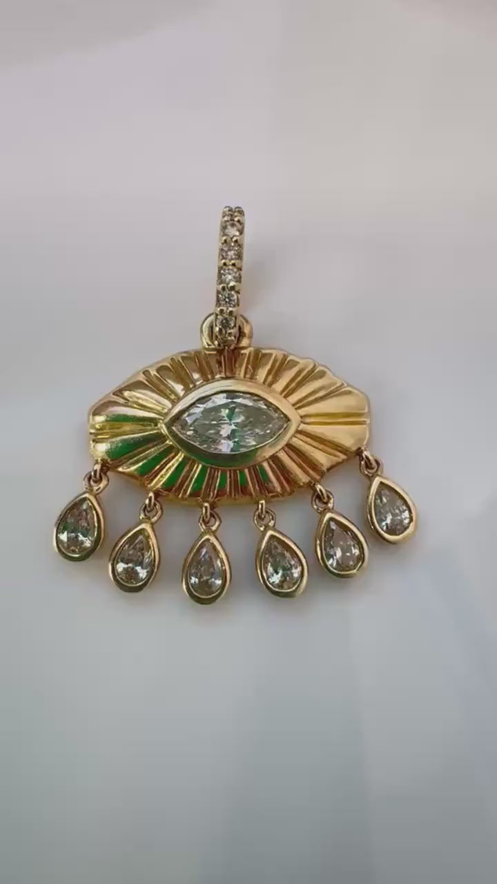 14k Gold Evil Eye Necklace with Marquis Diamond & Six Teardrop Diamonds