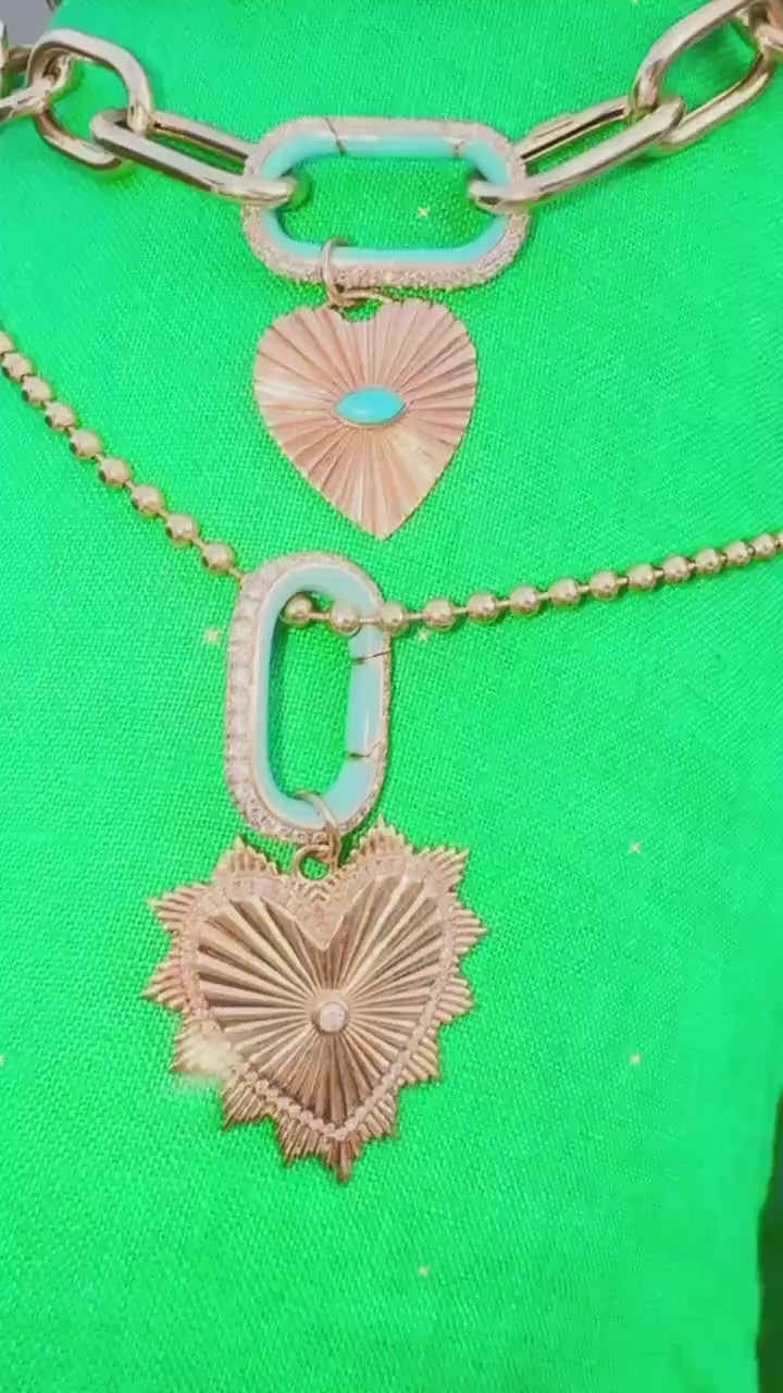 14k Gold Jumbo Diamond Carabiner Pendant – Custom Color Enamel, Turquoise & Pave Diamond Clasp