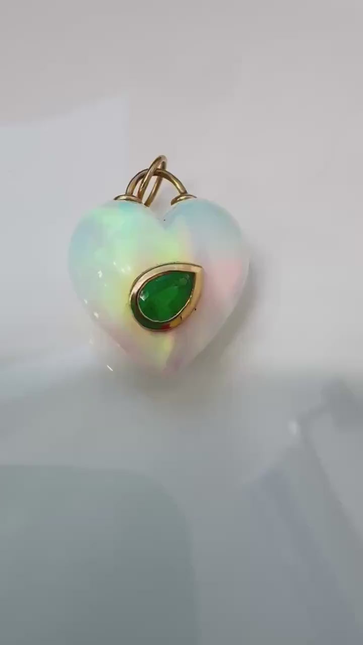 Carved Moonstone Heart with  14k Gold & Emerald Accent