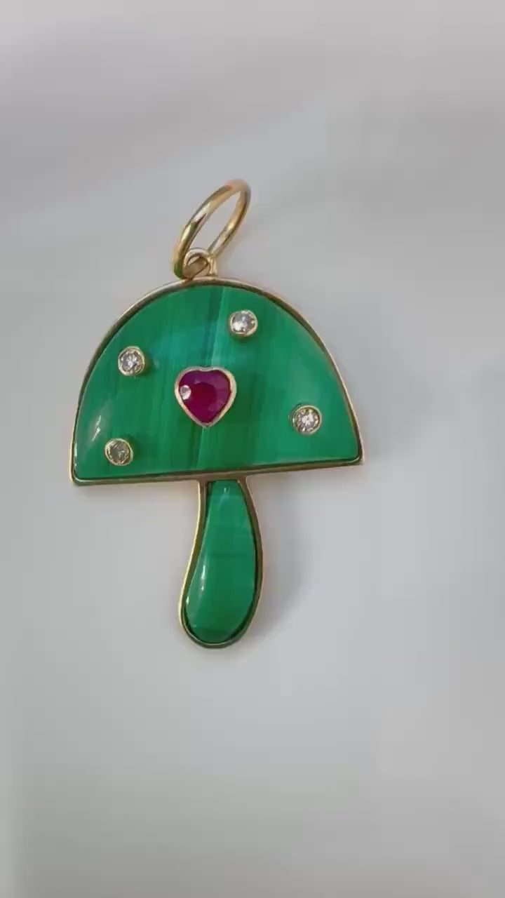 14K Gold Malachite Mushroom Charm with Diamond & Ruby Heart