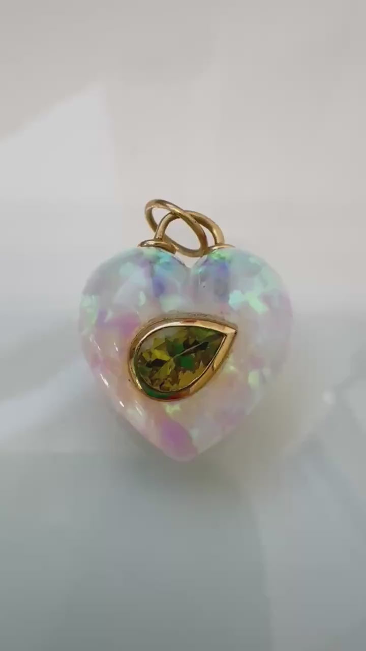Hand Carved Opal Heart Pendant – 14K Gold, Peridot Gemstone Charm