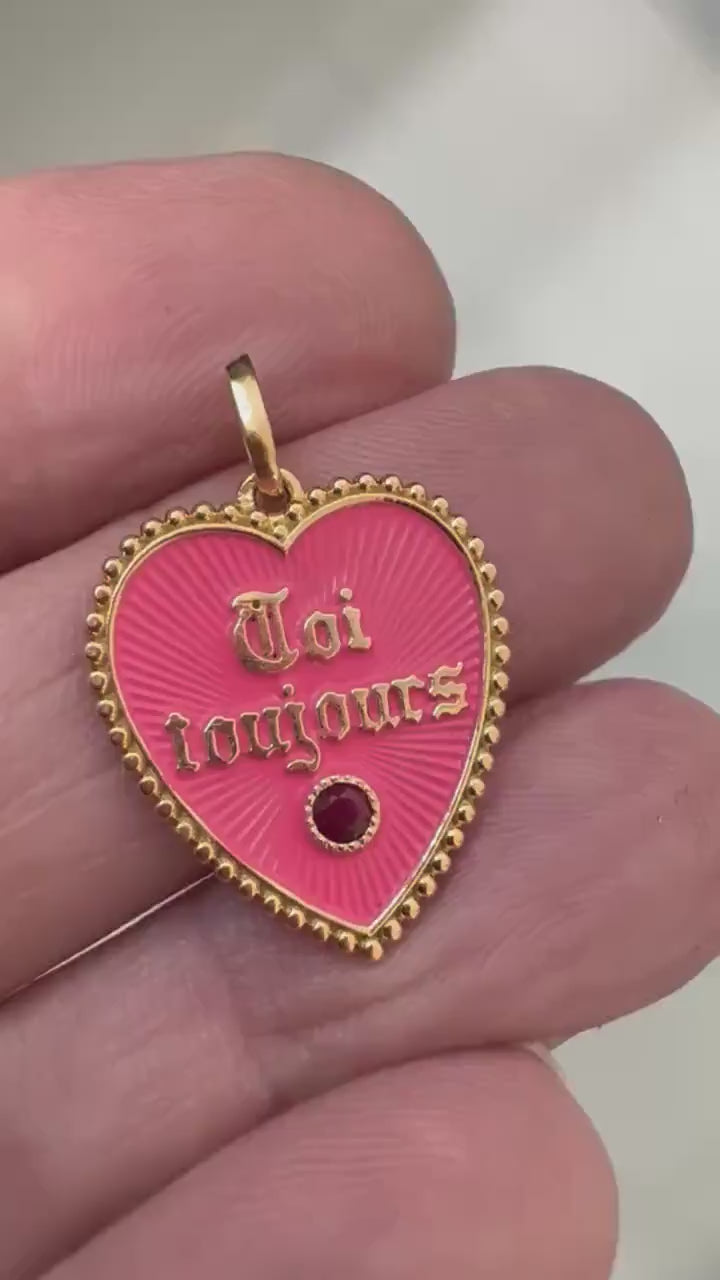 Vintage 18k French Toi Toujours Salmon Ruby Enamel Heart Charm